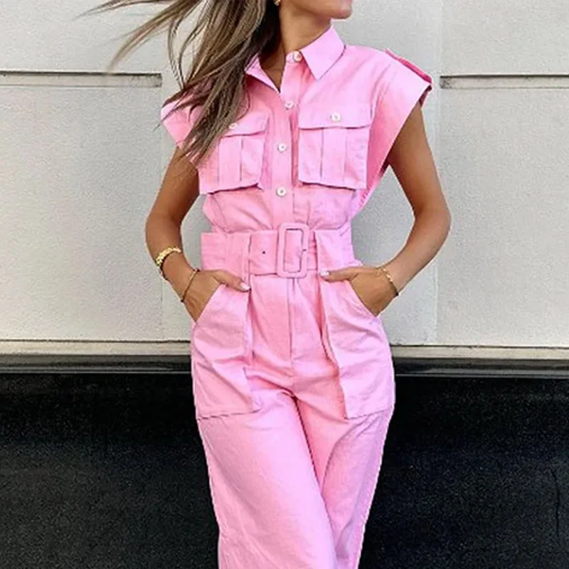 Women's Sleeveless Belted Jumpsuit with Wide Legs and Button Front