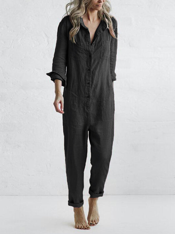 Women’s Button-Front Long Jumpsuit with Roll-Up Sleeves and Pockets