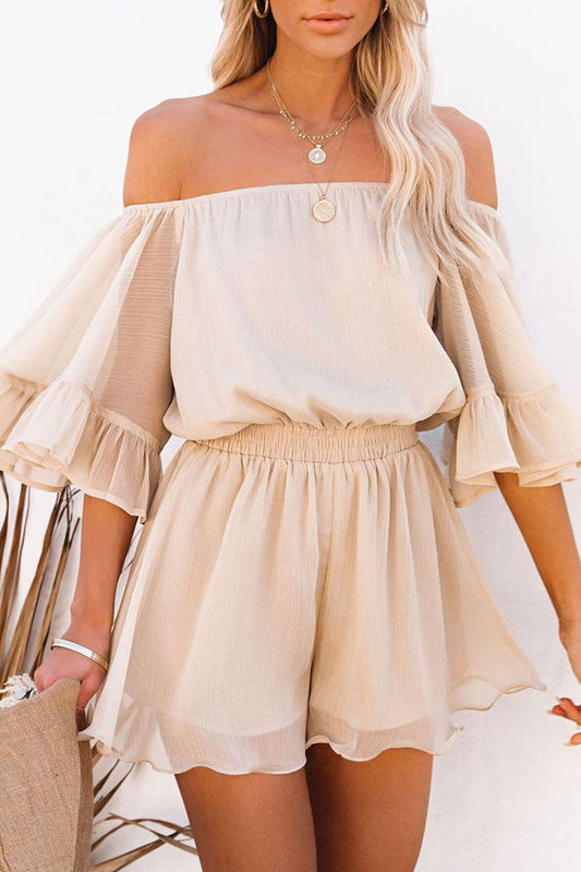 Women's Off-Shoulder Ruffle Sleeve Jumpsuit with Elastic Waist