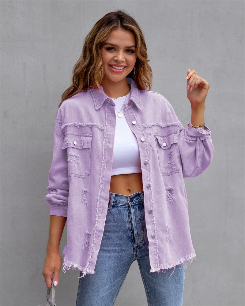 Women's Distressed Button-Up Denim Jacket with Raw Hem Edges