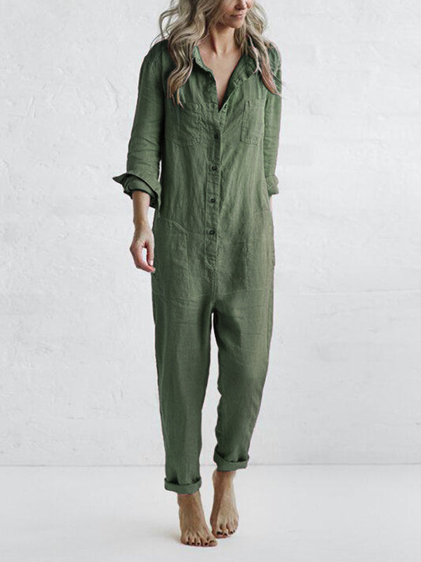 Women’s Button-Front Long Jumpsuit with Roll-Up Sleeves and Pockets