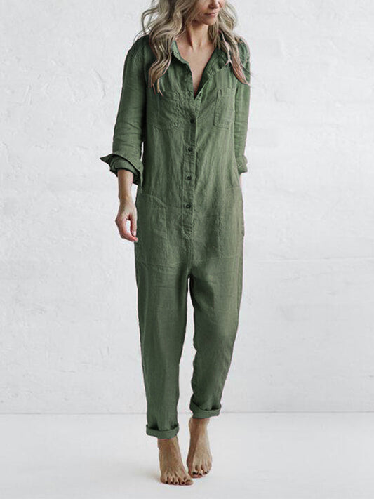 Women’s Button-Front Long Jumpsuit with Roll-Up Sleeves and Pockets