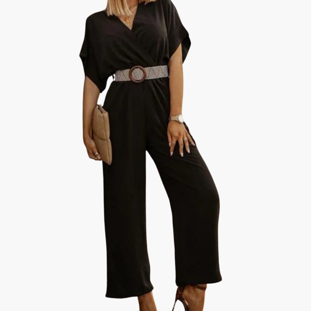 Women's V-Neck Belted Jumpsuit with Wide-Leg and Short Sleeves