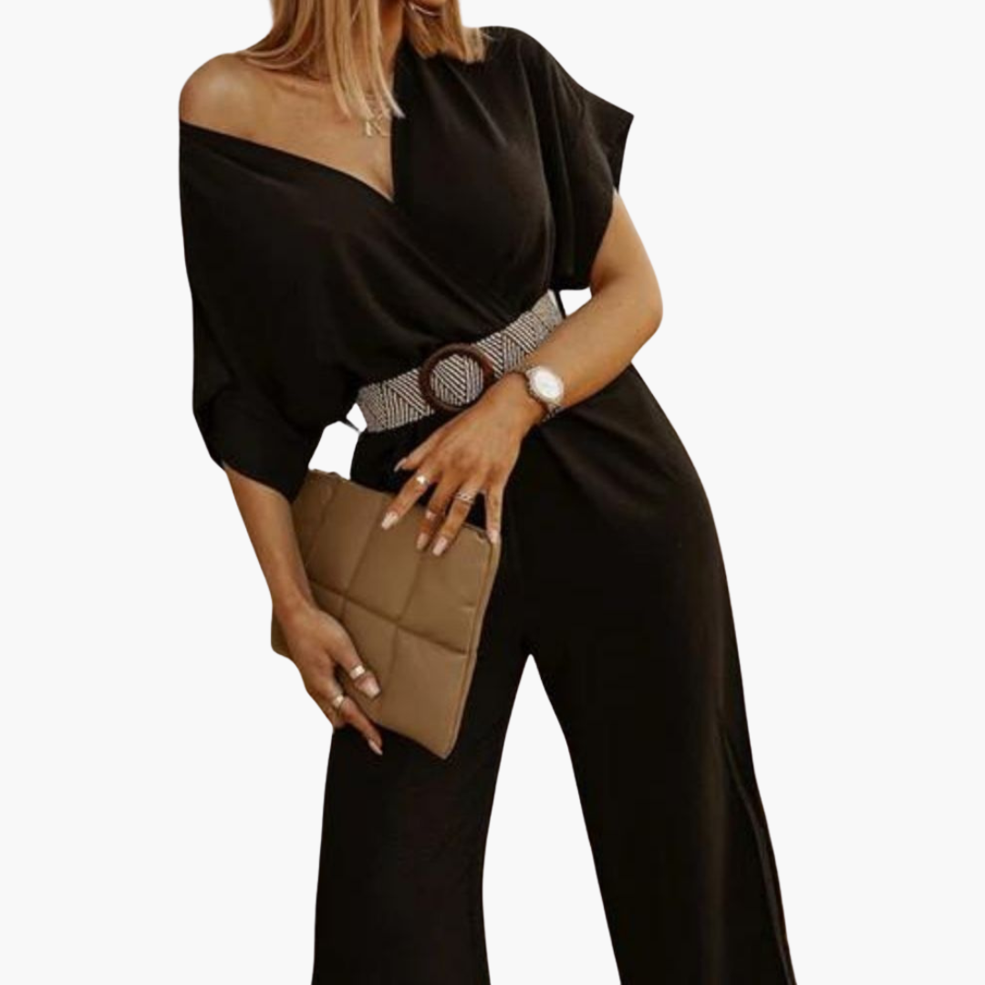 Women's V-Neck Belted Jumpsuit with Wide-Leg and Short Sleeves