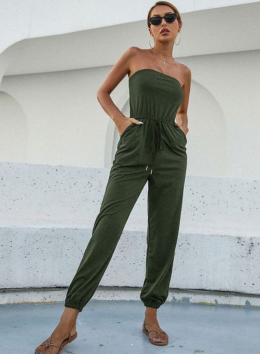 Women's Strapless Drawstring Waist Jumpsuit with Tapered Legs