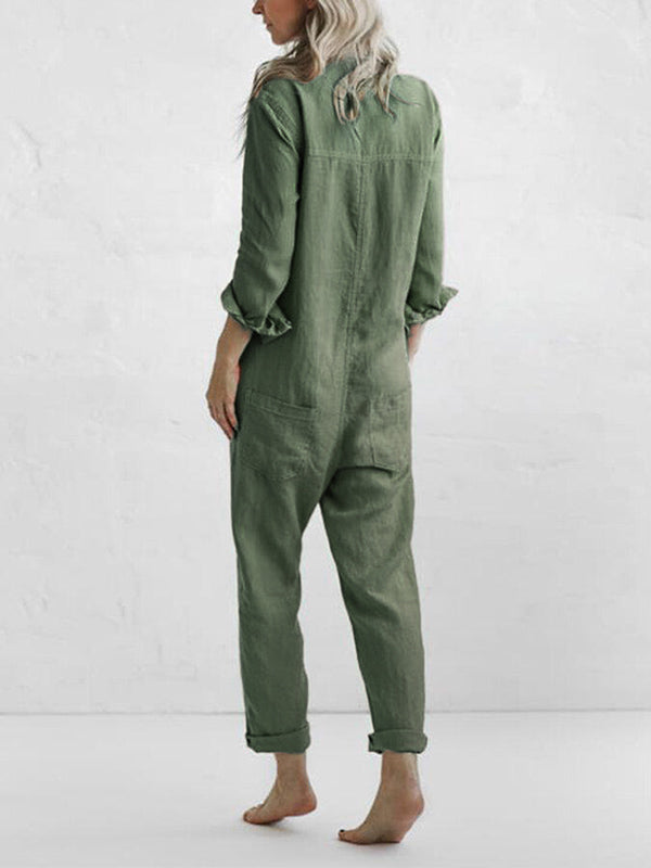 Women’s Button-Front Long Jumpsuit with Roll-Up Sleeves and Pockets
