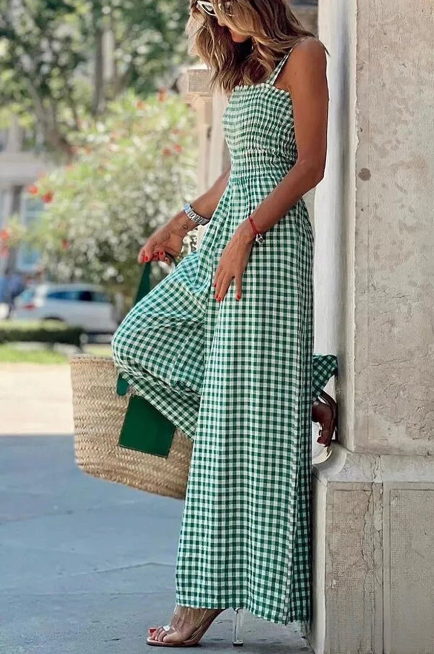 Women's Wide-Leg Gingham Jumpsuit with Smocked Bodice Straps