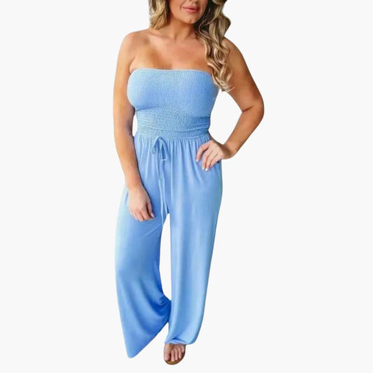 Women's Strapless Wide-Leg Jumpsuit with Smocked Bodice Waist