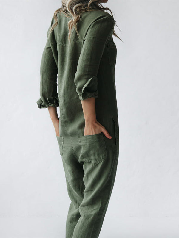 Women’s Button-Front Long Jumpsuit with Roll-Up Sleeves and Pockets
