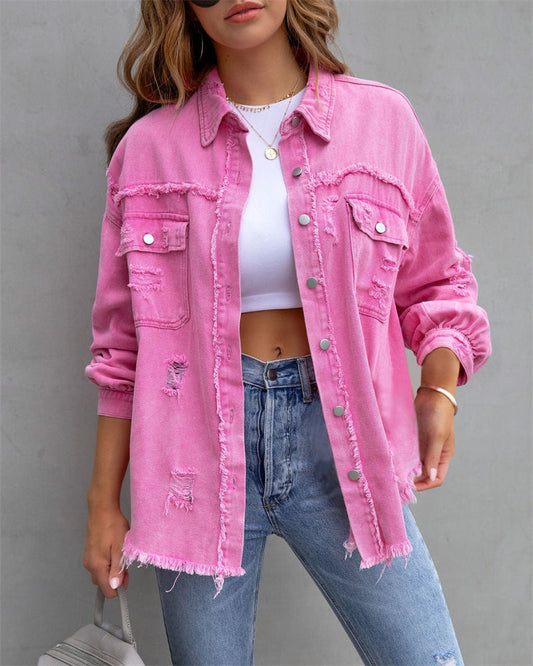 Women's Distressed Button-Up Denim Jacket with Raw Hem Edges