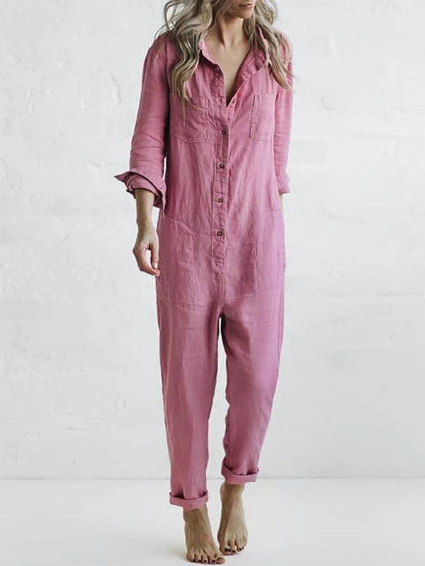 Women’s Button-Front Long Jumpsuit with Roll-Up Sleeves and Pockets