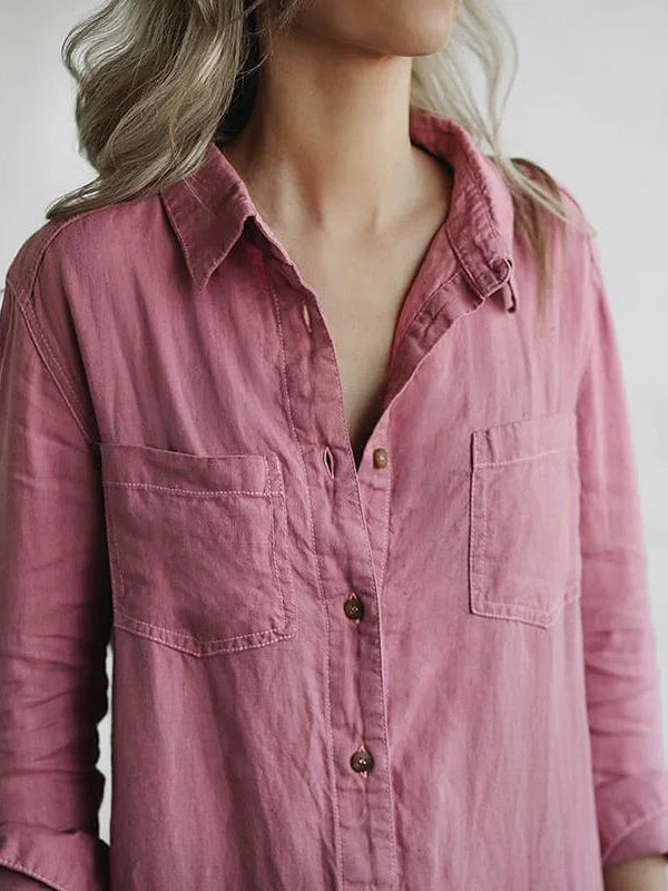 Women’s Button-Front Long Jumpsuit with Roll-Up Sleeves and Pockets