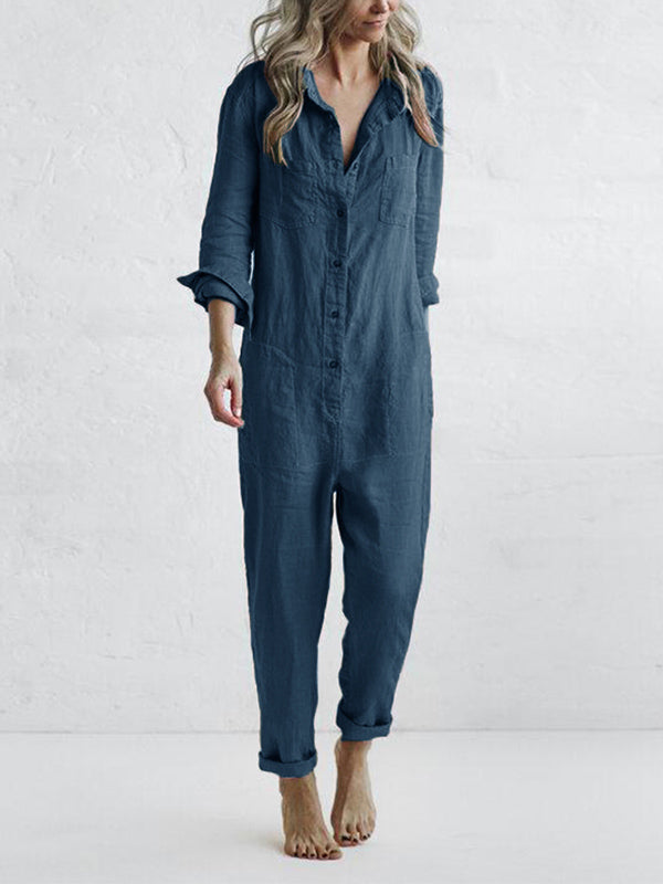 Women’s Button-Front Long Jumpsuit with Roll-Up Sleeves and Pockets