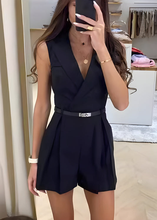 Women's Sleeveless Belted Romper with Wrap Front and Pleats