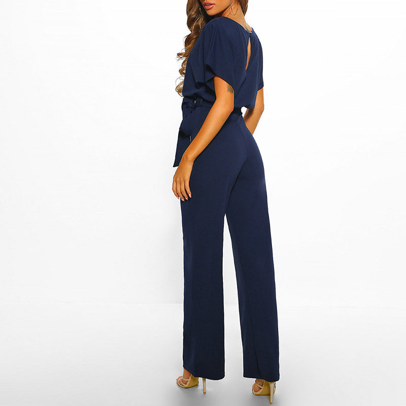 Women’s Elegant Belted Jumpsuit with Wide-Leg Fit and Short Sleeves
