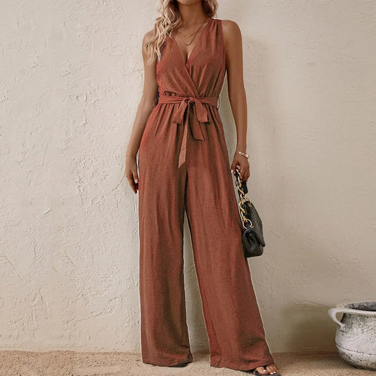 Women's Sleeveless Wide-Leg Jumpsuit with Waist Tie