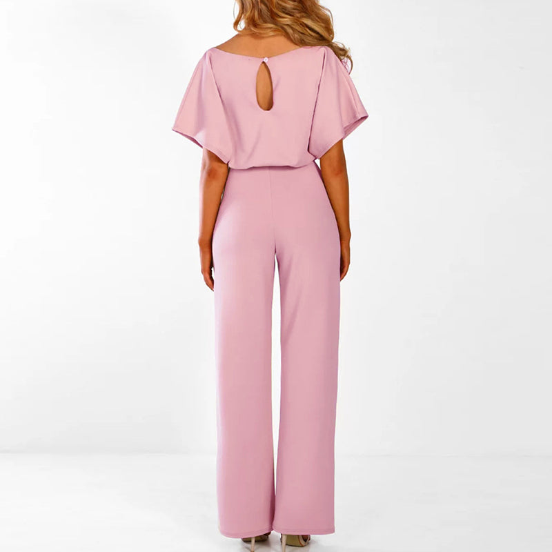 Women’s Elegant Belted Jumpsuit with Wide-Leg Fit and Short Sleeves