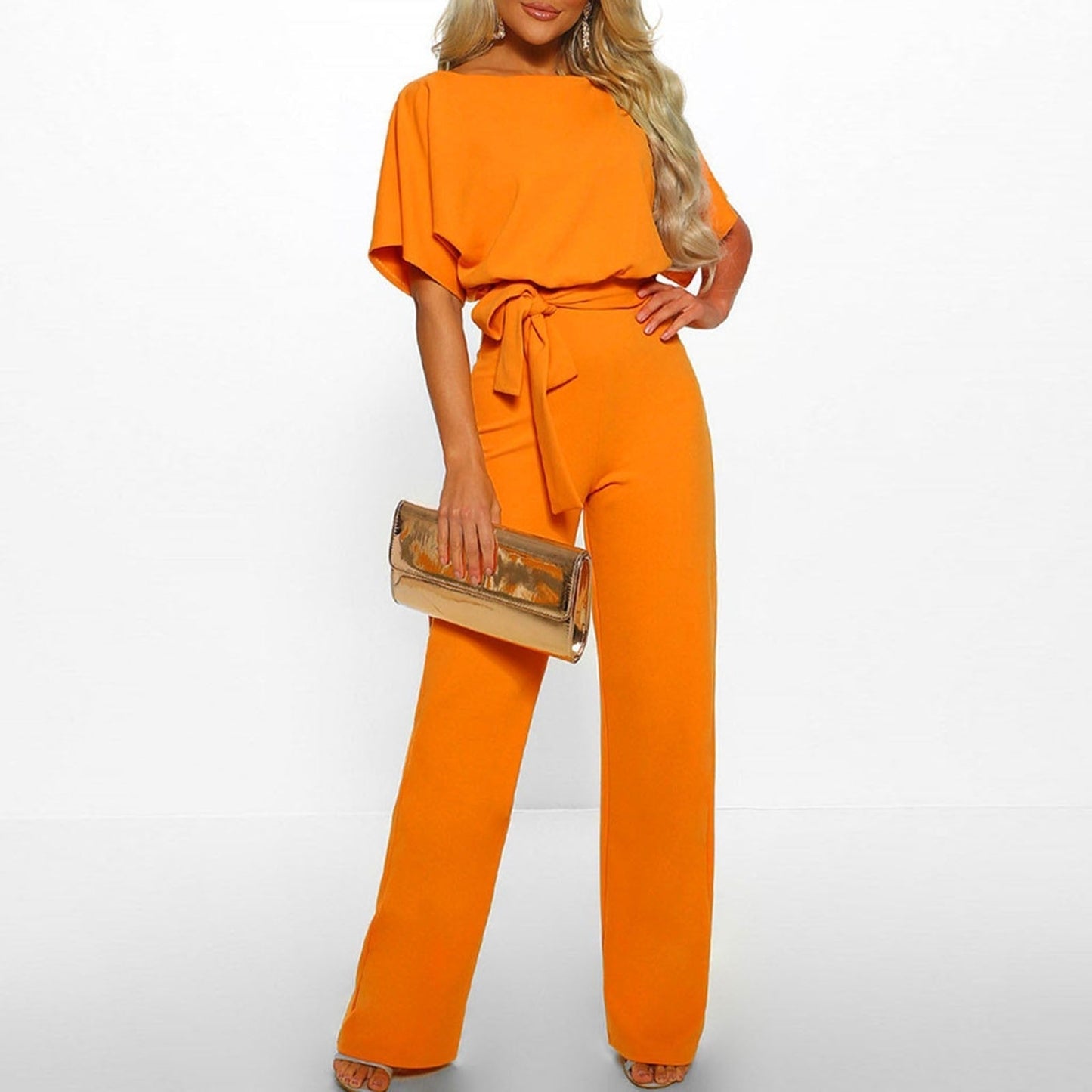 Women’s Elegant Belted Jumpsuit with Wide-Leg Fit and Short Sleeves