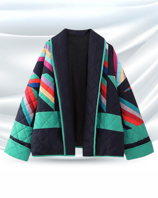 Women's Retro Open Front Quilted Jacket with Color Block Pattern