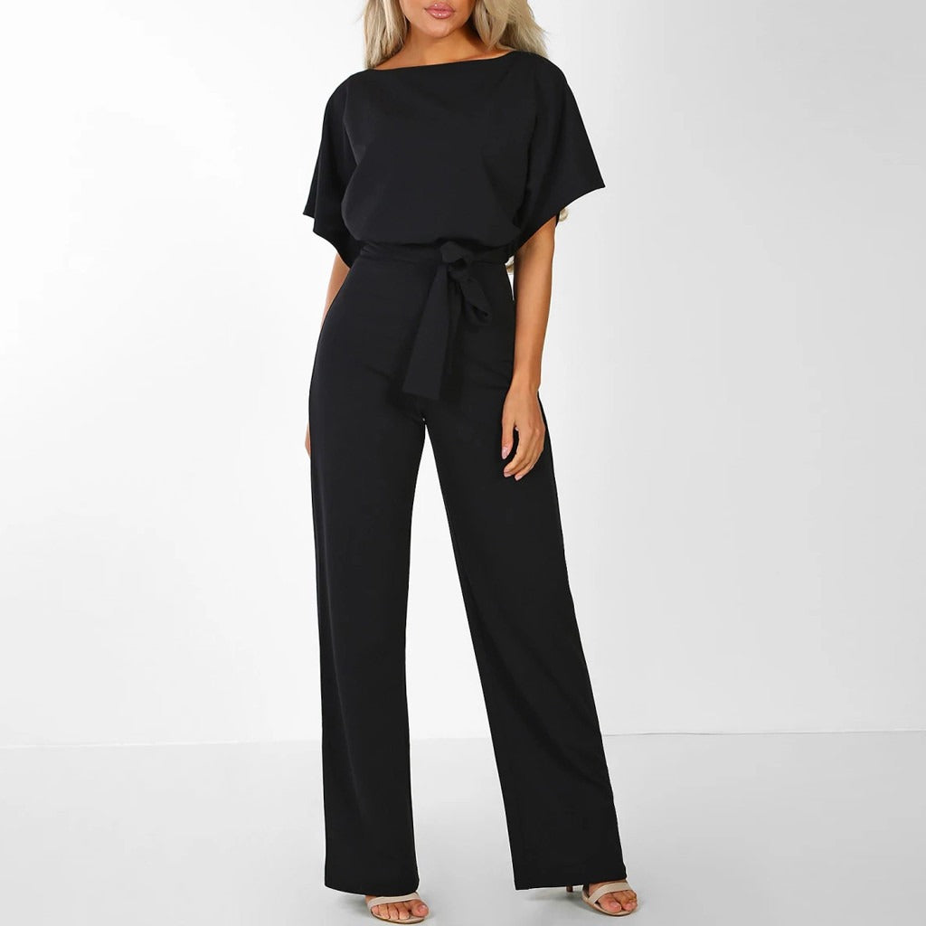 Women’s Elegant Belted Jumpsuit with Wide-Leg Fit and Short Sleeves