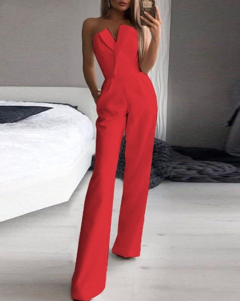 Women’s Strapless Wide-Leg Jumpsuit with Elegant Fit and Pockets