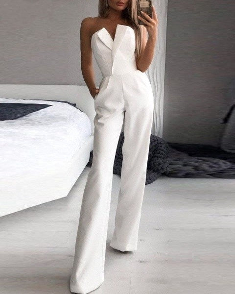 Women’s Strapless Wide-Leg Jumpsuit with Elegant Fit and Pockets