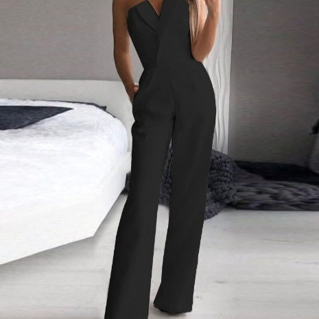 Women’s Strapless Wide-Leg Jumpsuit with Elegant Fit and Pockets