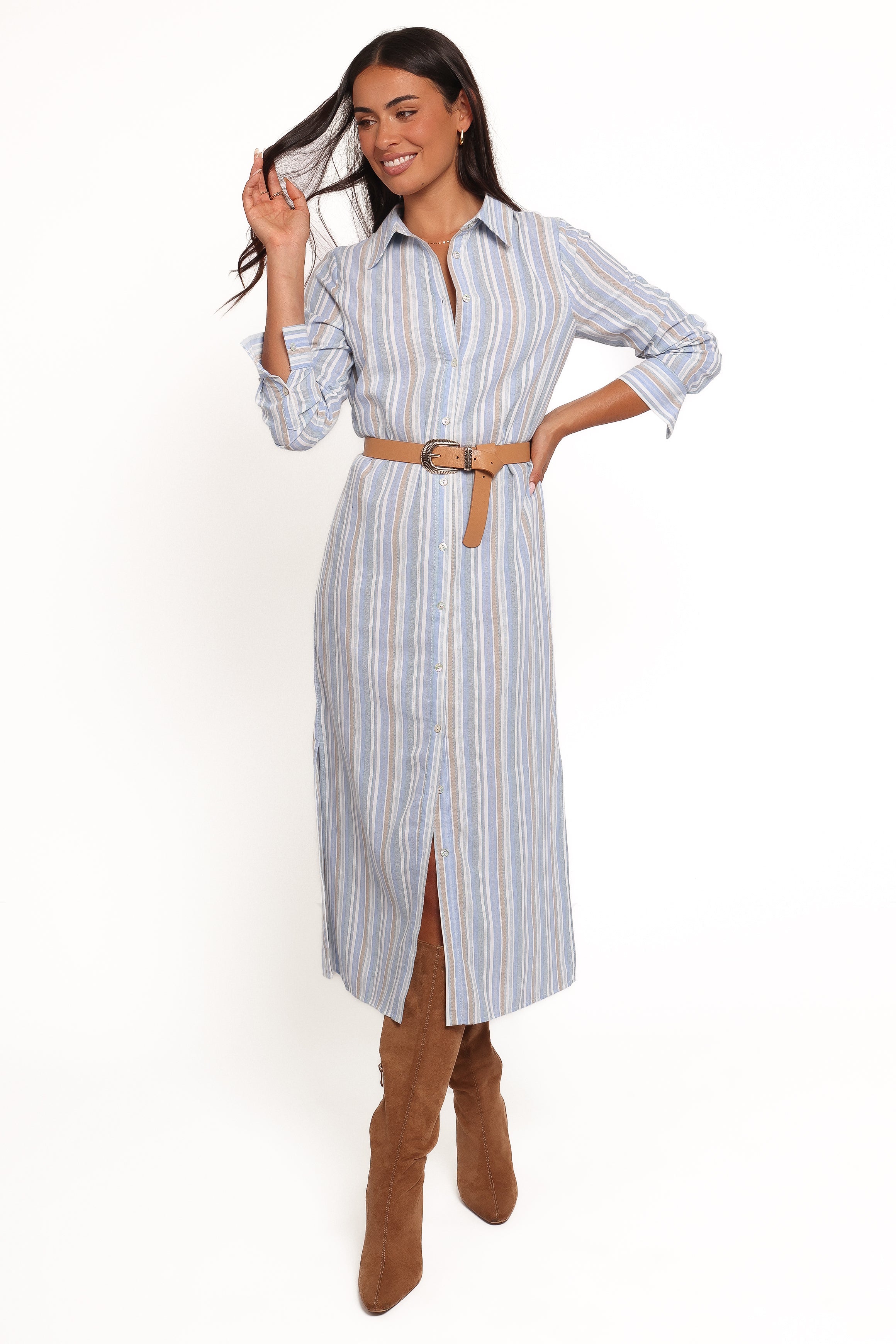 Caprice Long Sleeve Button Down Maxi Dress - Blue Stripe