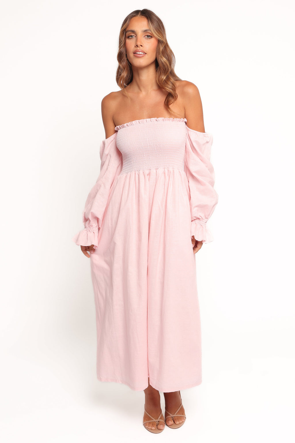 Domenica Shirred Long Sleeve Midi Dress - Pink