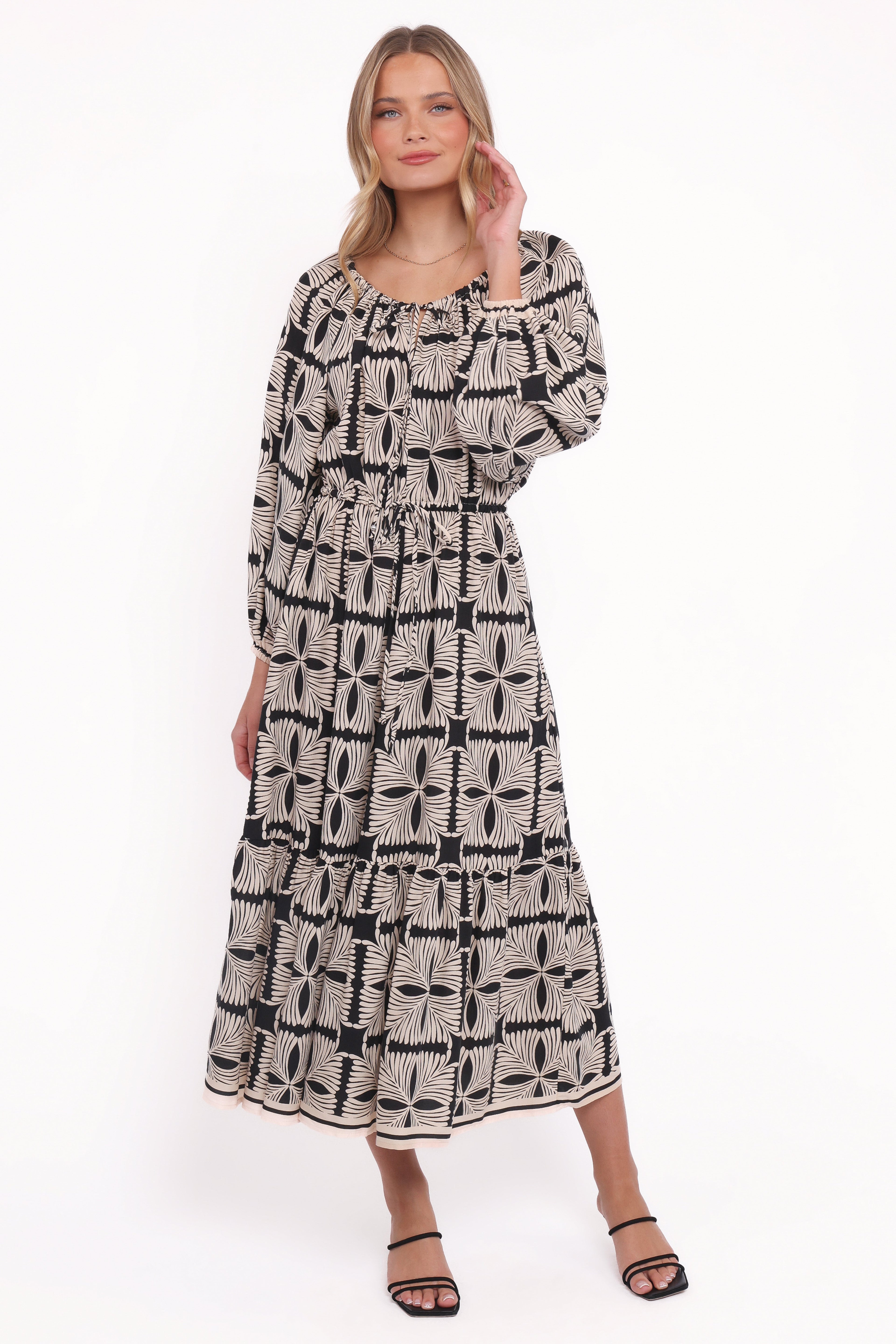 Faris Off Shoulder Midi Dress - Black Geo