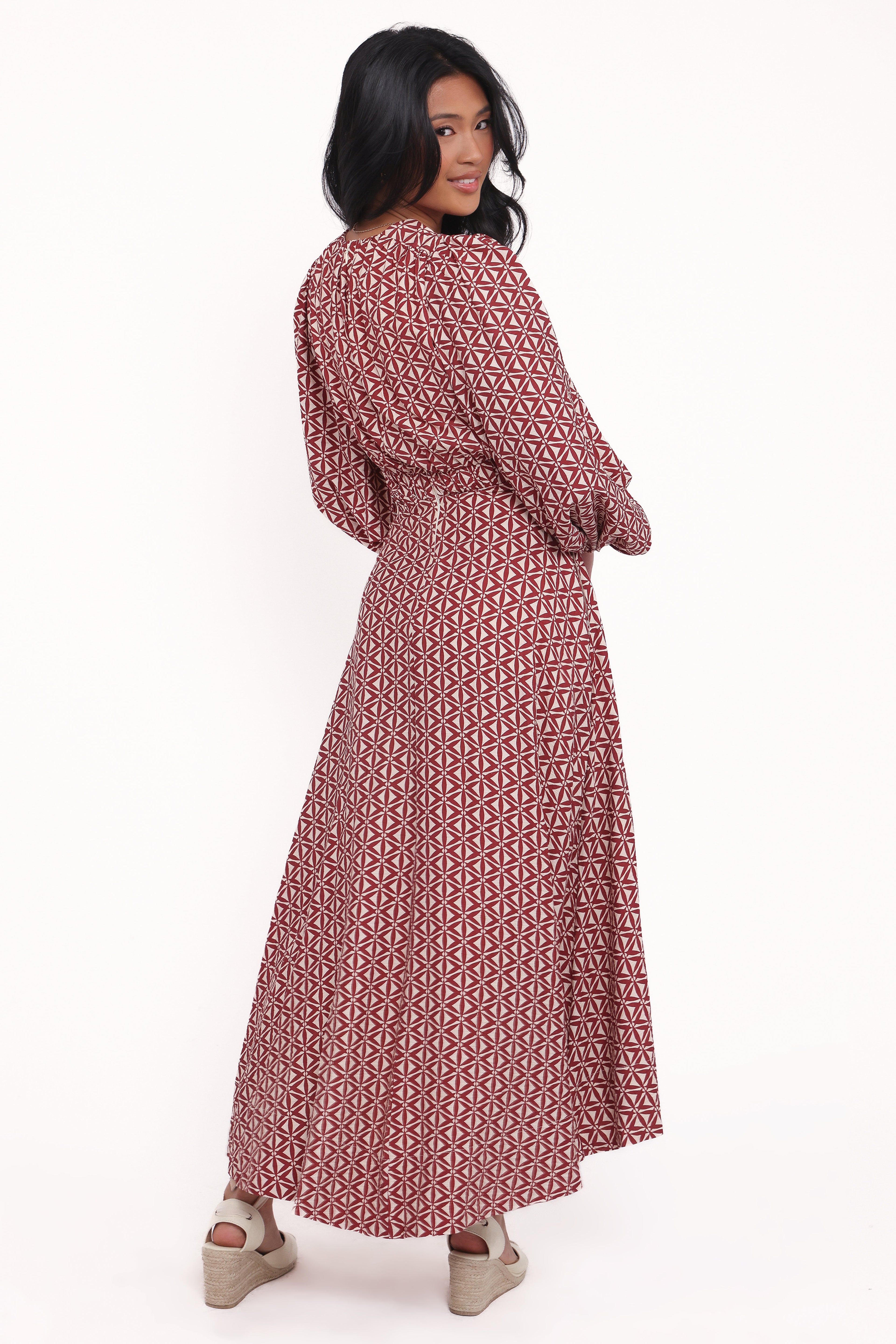 Ginnee Puff Sleeve Cutout Midi Dress - Brown Geo