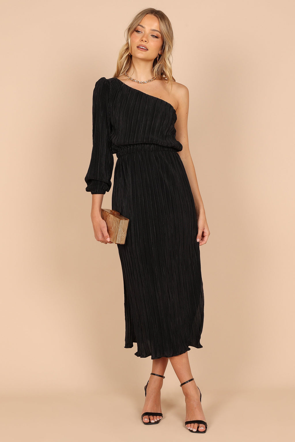 Pontee One Shoulder Pleated Midi Dress - Black
