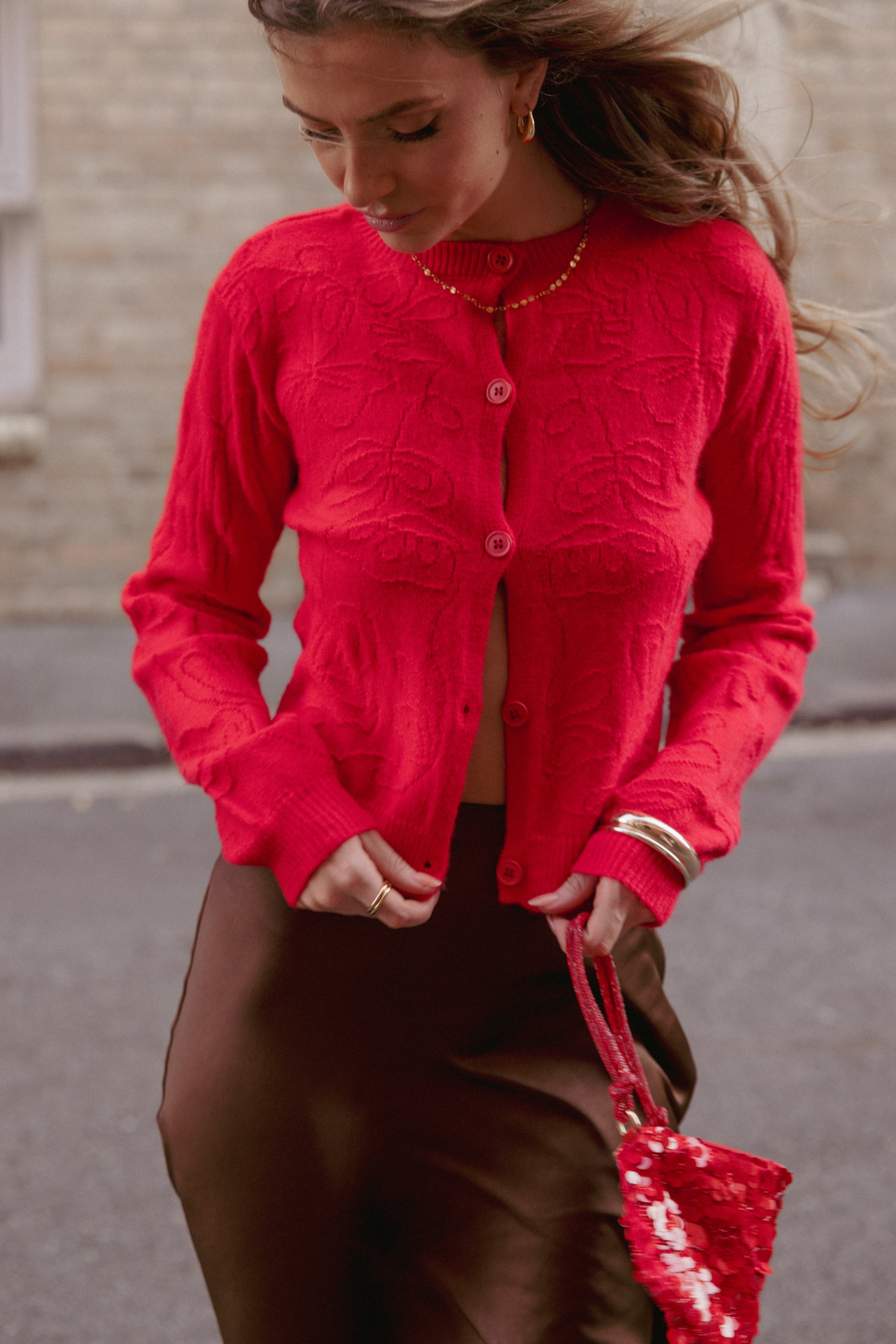 Fauna Tonal Floral Cardigan - Red