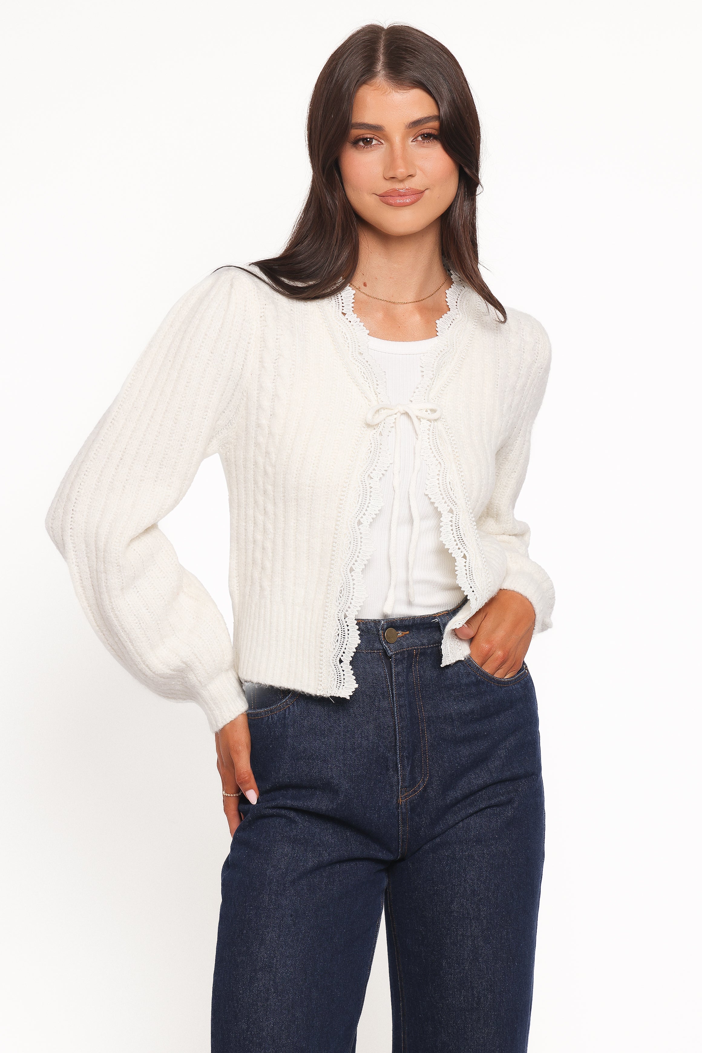 Silvie Lace Front Tie Cardigan - Cream