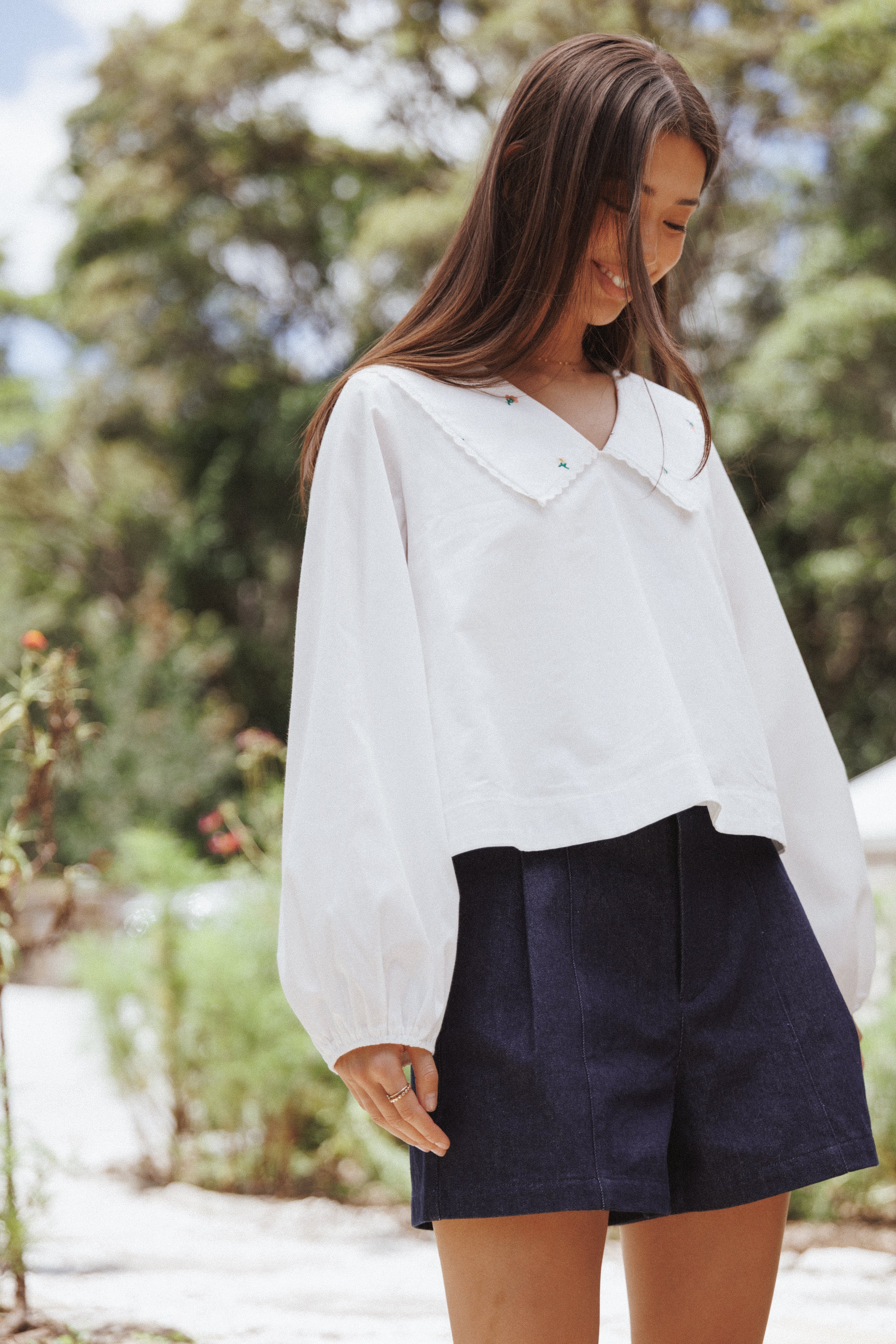 Kenna Embroidered Long Sleeve Top - White Floral